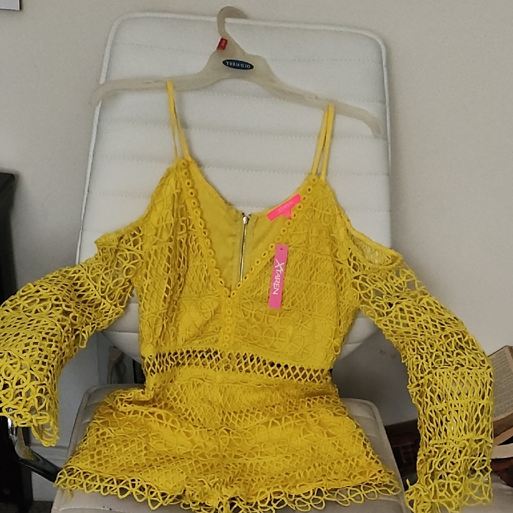 Xtaren Yellow Crochet Lace Romper with Cold Shoulder Design